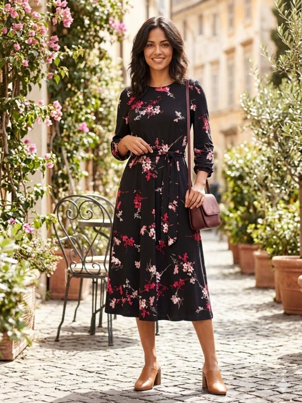 NWT Falling Flowers Black Floral Belted 3/4 Sleeve Midi Dress Size XS